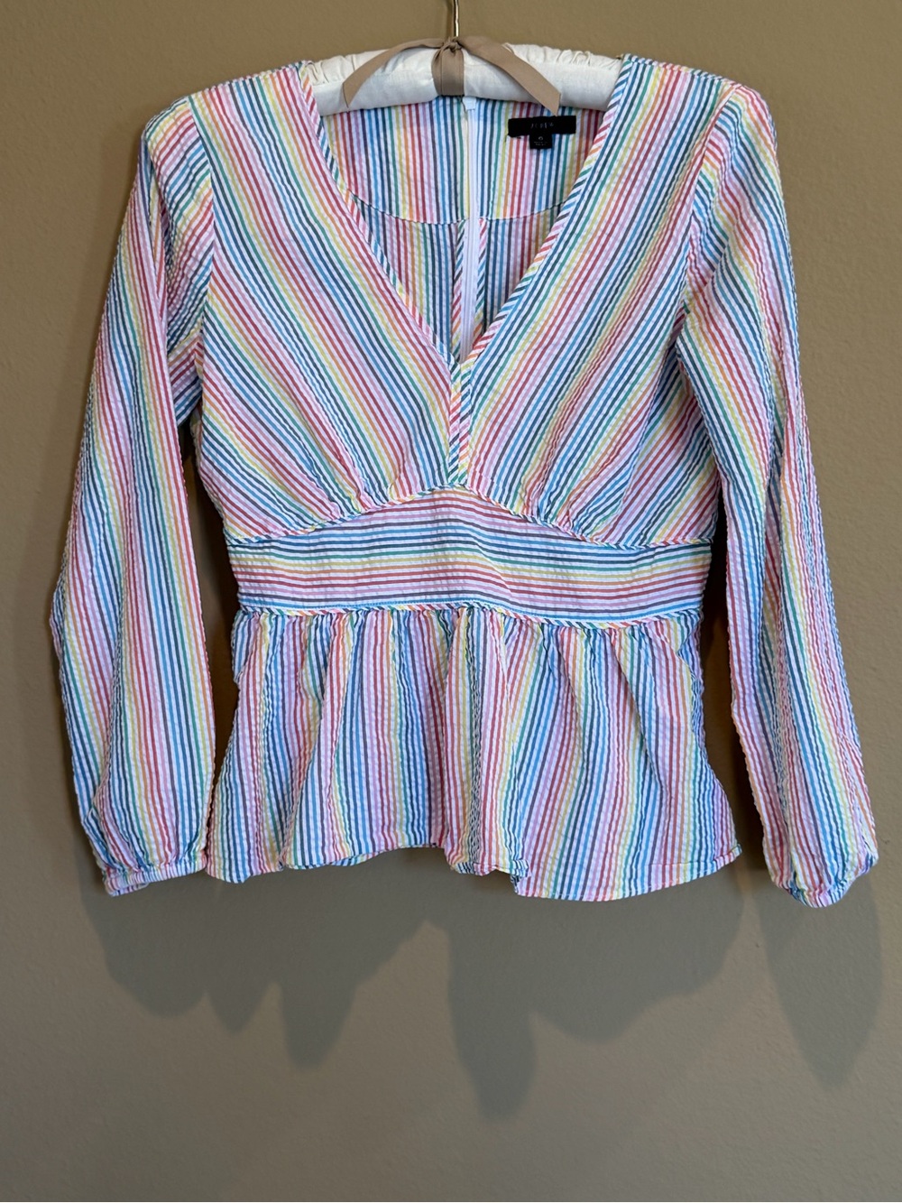 J. Crew Striped Peplum Long-Sleeve Top in Pastel Rainbow